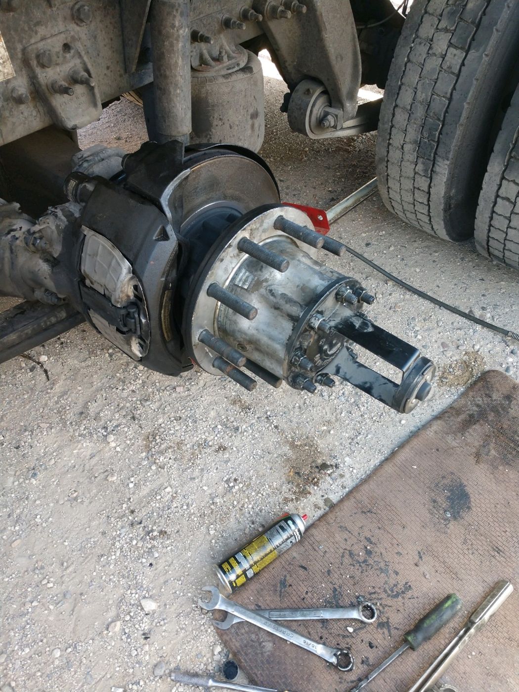 A truck axle end with the hub assembly off